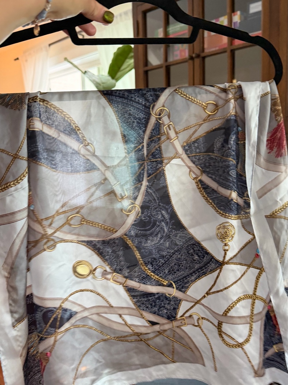 Silky Chain & Rope Print Scarf - White, Navy, Gold